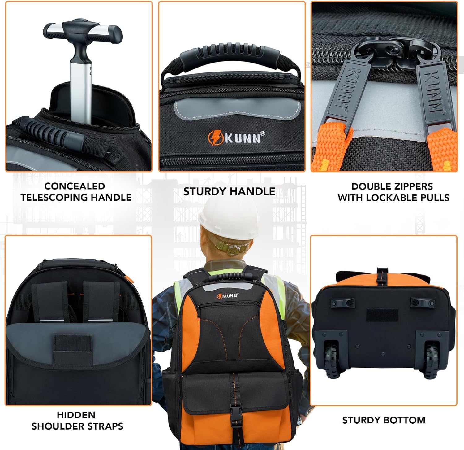 KUNN Rolling Tool Backpack, Heavy Duty 37-Pocket Tool Bag with Wheels for Electrician Construction HVAC, Orange