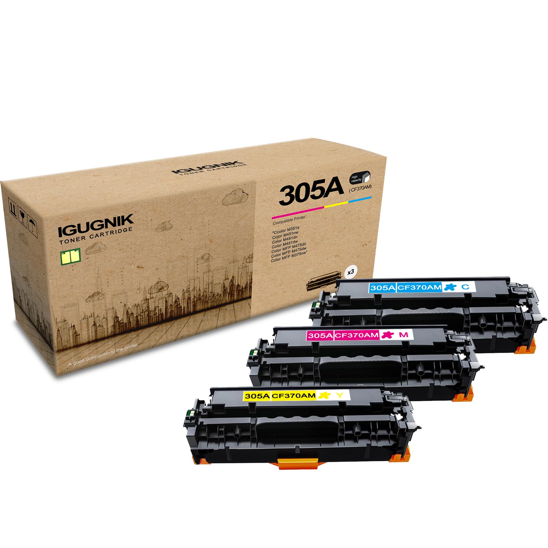 3-Pack 1C/1M/1Y 305A CF370AM High Yield Toner Cartridge(with chip), Replacement for HP 305A CF370AM for Color M351a M451nw M451dn M451dw MFP M475dn