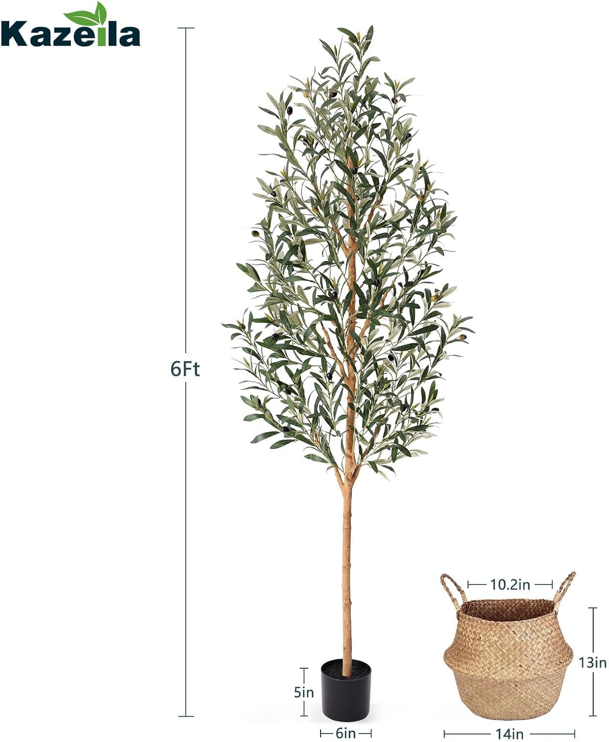 Faux Olive Tree 6FT – Tall Artificial Plants Indoor with Real Wood Trunk & Seagrass Basket, Lifelike Silk Leaves & Fruits – Potted Large Fake Trees for Home, Living Room, Bedroom & Office Decor