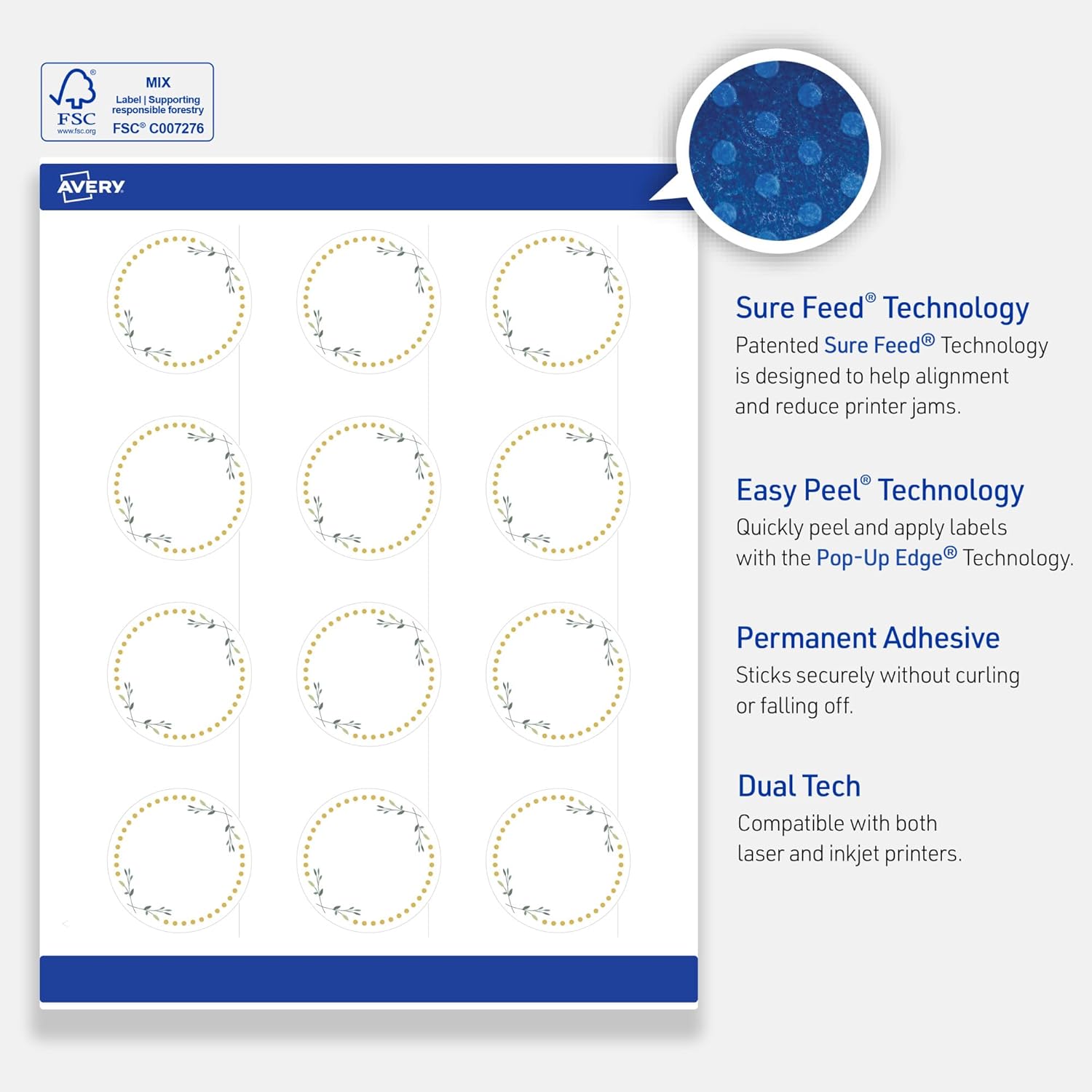 Avery Printable Round Labels, Sure Feed Technology, Green Florals, Gold Dots Design, 2" Diameter, Glossy White, Permanent Adhesive, Laser/Inkjet, 120 Total, Great for Product Merchandising