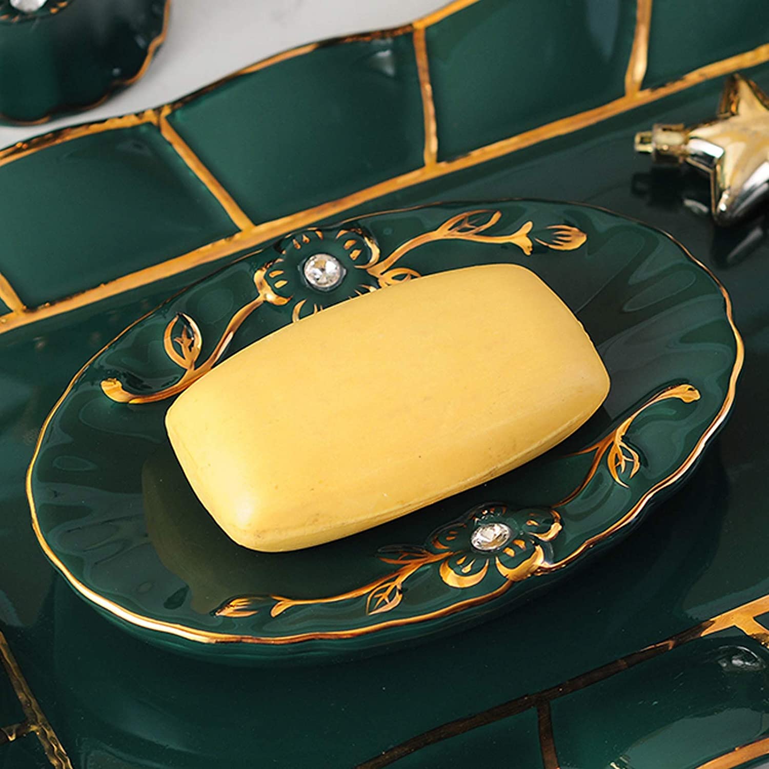 Badzubehör Set Badezimmer Set Bad-Accessoires-Set Badezimmer-Zubehör-Set, Dunkelgrünes, Luxuriöses Keramik-Badeset Mit Geprägtem Muster Für Einzugsgeschenk Badezimmer Zubehör Set Badezimmerzubehör-Set