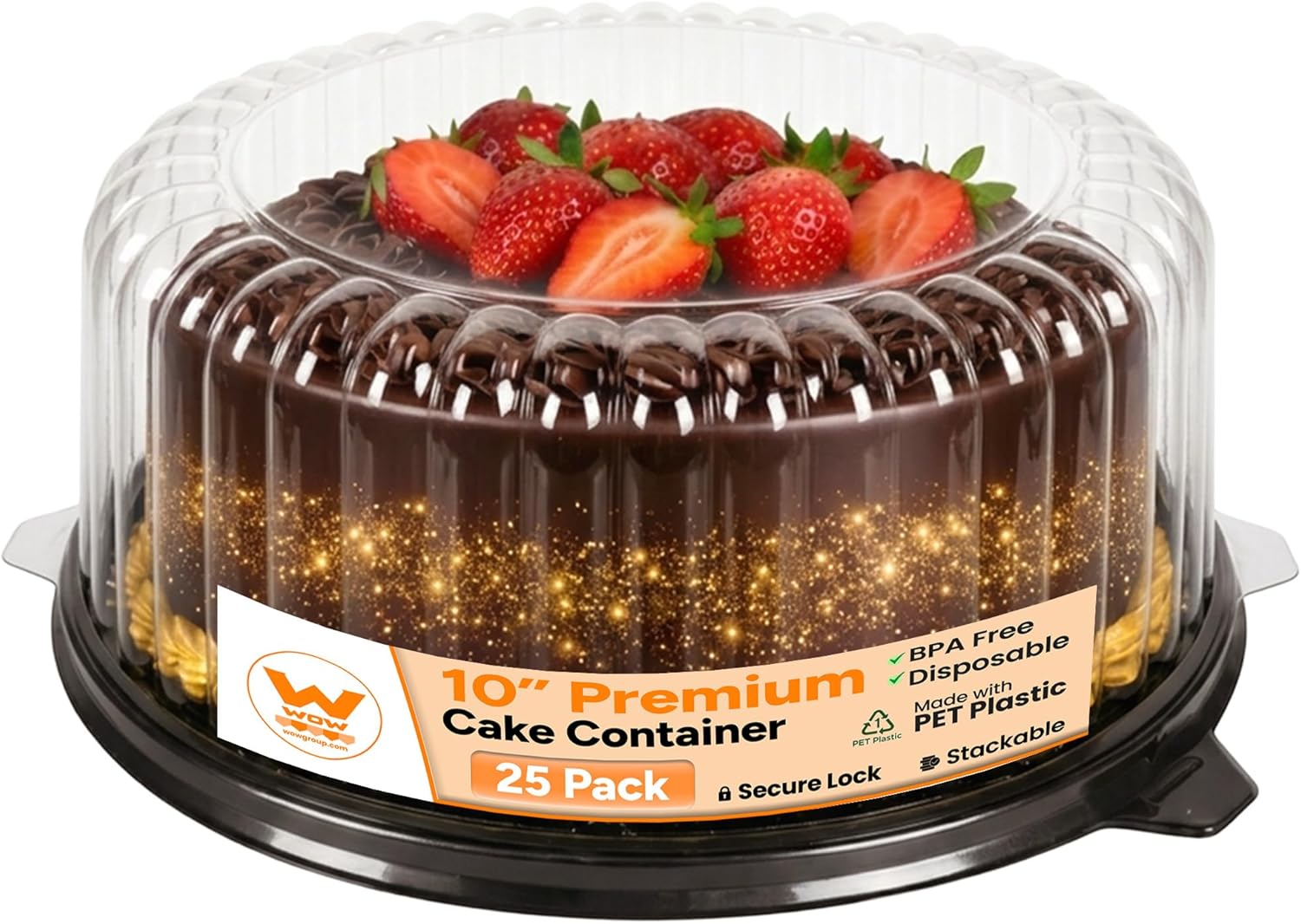 WOW – 10″ Premium PET Round Cake Carrier – 25-Pack Cake Container for Desserts, Pies, Pastries – 12.5″ Diameter x 4.5″ Tall – Clear Dome Lid, Stackable & Secure Hold