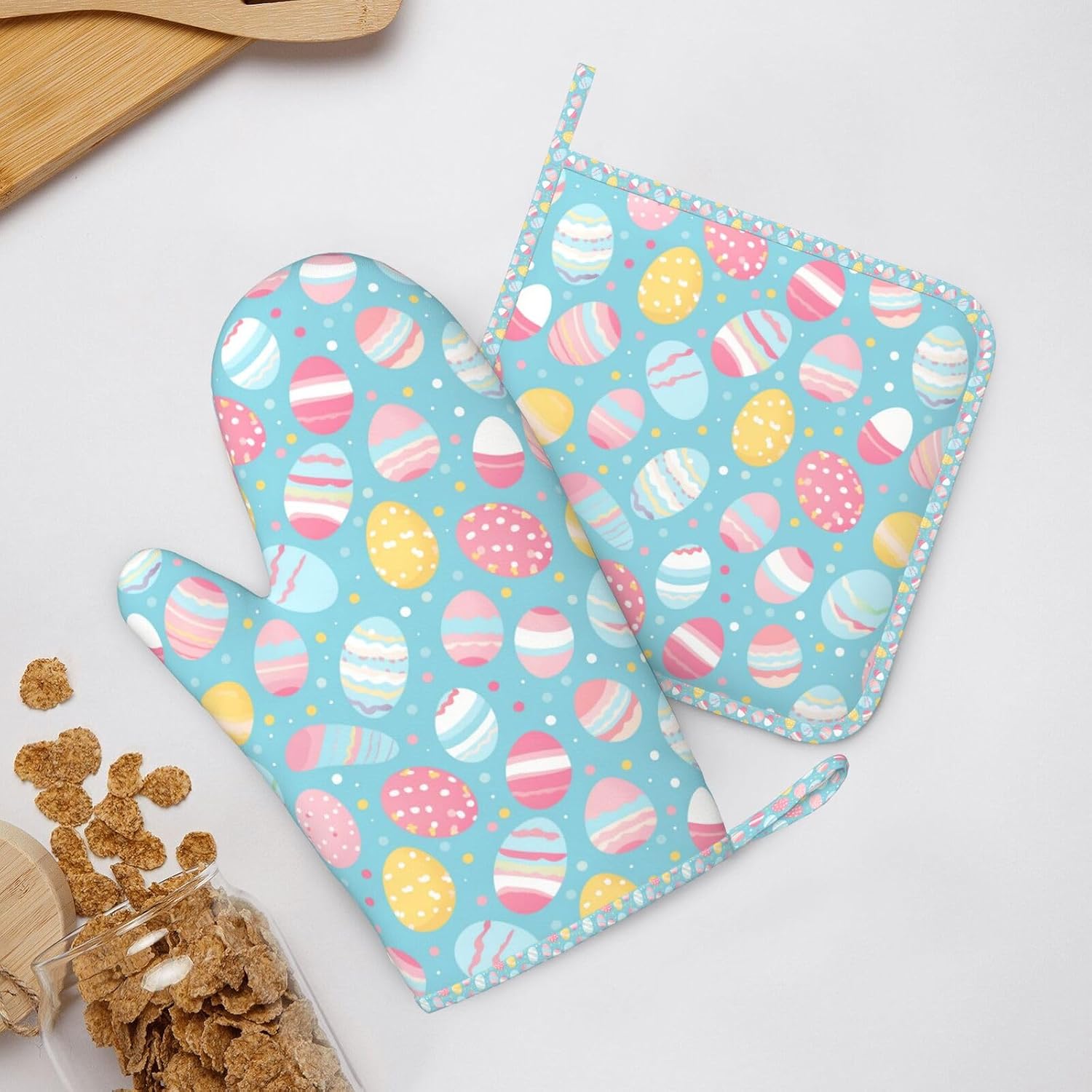 Oven Mitts and Pot Holders Easter Egg Pattern Silicone Kitchen Accessories Set of 4 Heat Resistant Long Gloves Potholder Non-Slip Grip for Chef Cooking Baking Grilling BBQ