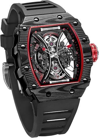 FEICE FM602 Mens Luxury Skeleton Wrist Watch, Automatic Mechanical Analog Watch, 164.4 ft 50 m, Waterproof, Casual, Barrel Shape, Tonneau Shape, Gentleman, Silicone Strap, Classic Business Watch, Black