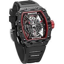 FEICE FM602 Mens Luxury Skeleton Wrist Watch, Automatic Mechanical Analog Watch, 164.4 ft 50 m, Waterproof, Casual, Barrel Shape, Tonneau Shape, Gentleman, Silicone Strap, Classic Business Watch, Black