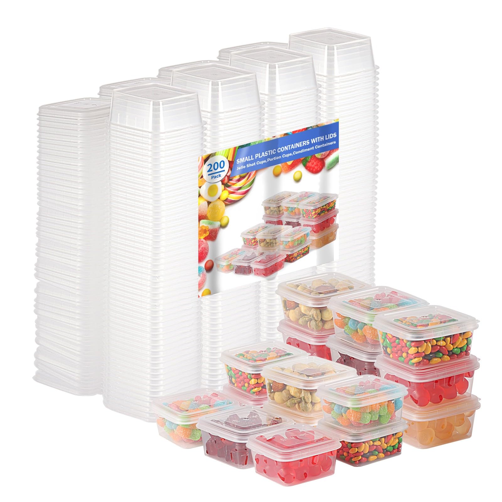 Recipientes de plástico de 4 onzas con tapas, vasos de porciones, vasos de gelatina, tazas de salsa, recipientes de condimentos con tapas, paquete de 200