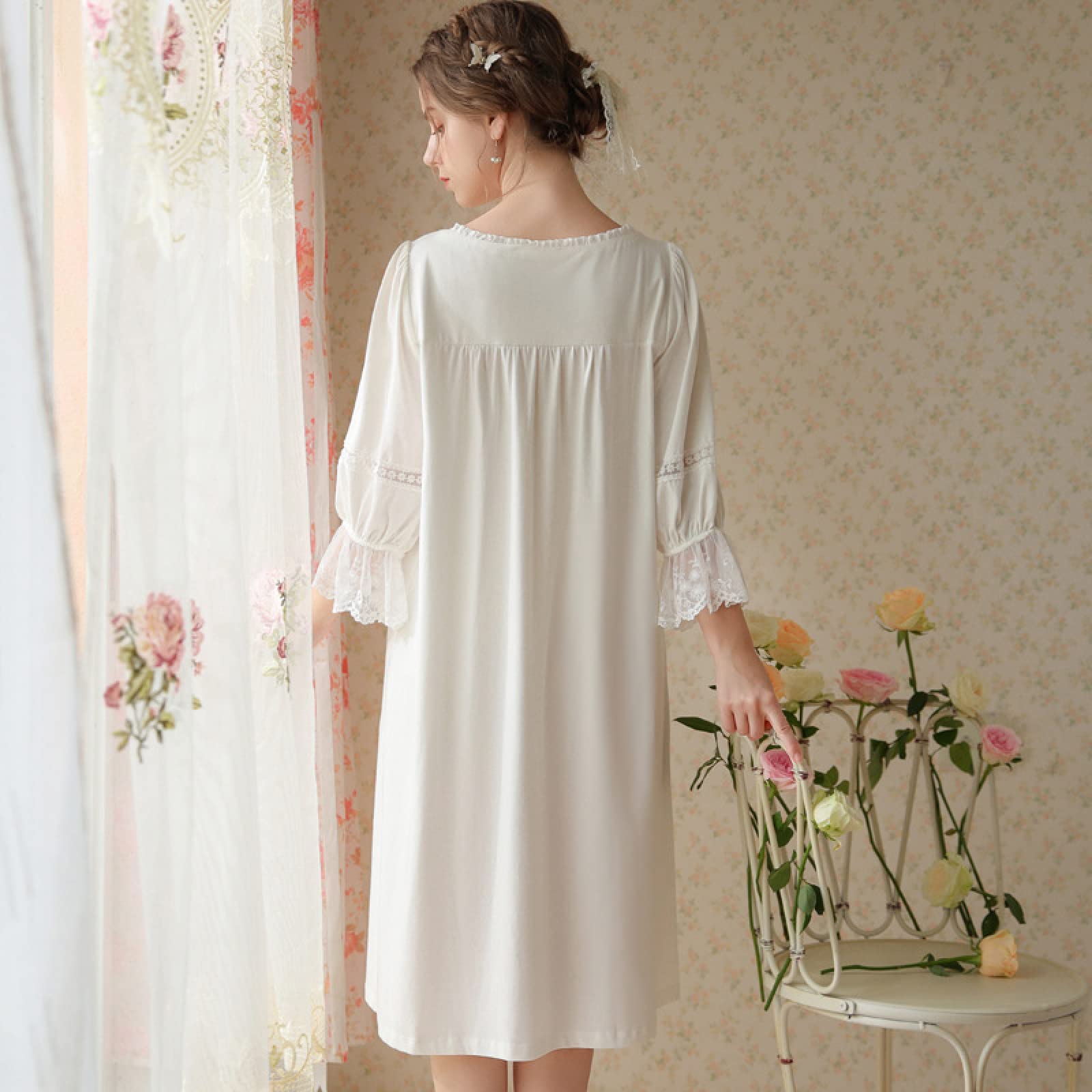 OFFSUM Camicia da Notte Donna - Primavera Casual Tinta Unita Camicia da Notte Scollo A V Pizzo Cotone Ricamo Pigiameria Elegante Autunno Principessa Pigiameria Abbigliamento