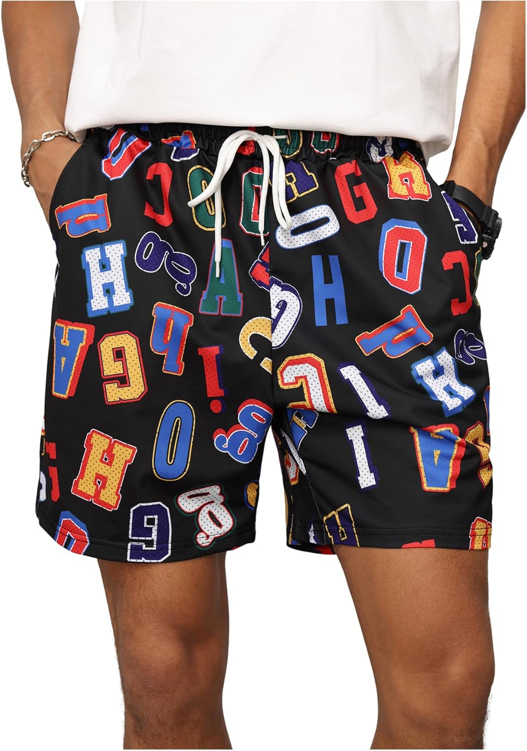 VIPWOLF Men's Letter Graphic Casual Shorts Y2k Drawstring Athletic Gym Workout Basketball Track Shorts Streetwear