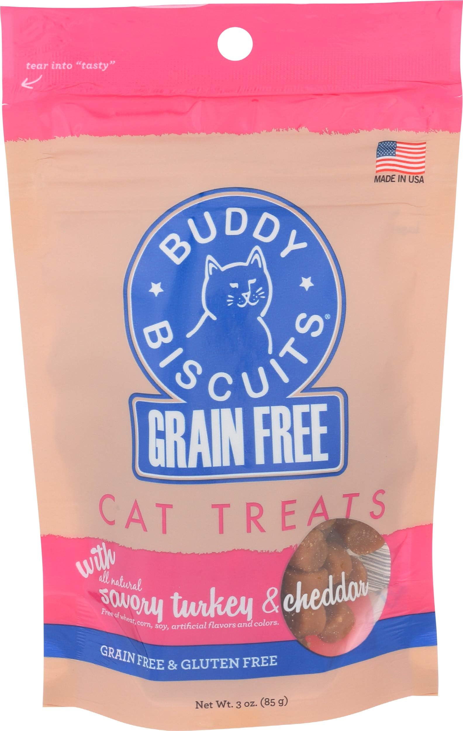 Buddy Biscuits 3 oz Pouch of Grain Free Soft & Chewy Cat Treats Made with Natural Savory Turkey and Cheddar