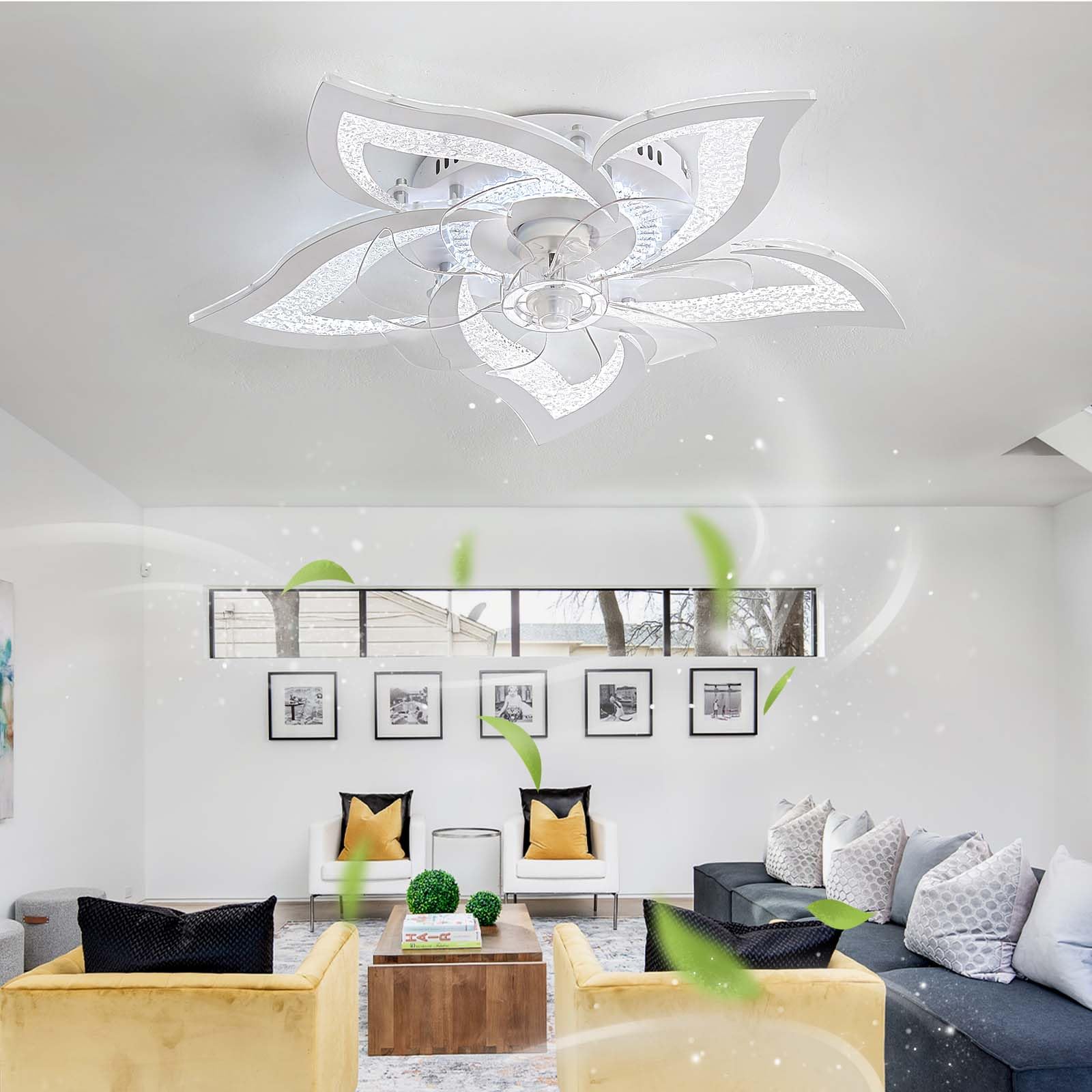 Dobecd Ceiling Fans with Lights and Remote Modern Dimmable Ceiling Fans with Lights Dc Motor App 6 Speed Fan Light Timed Memory Silent Flower Light with Fan 69cm