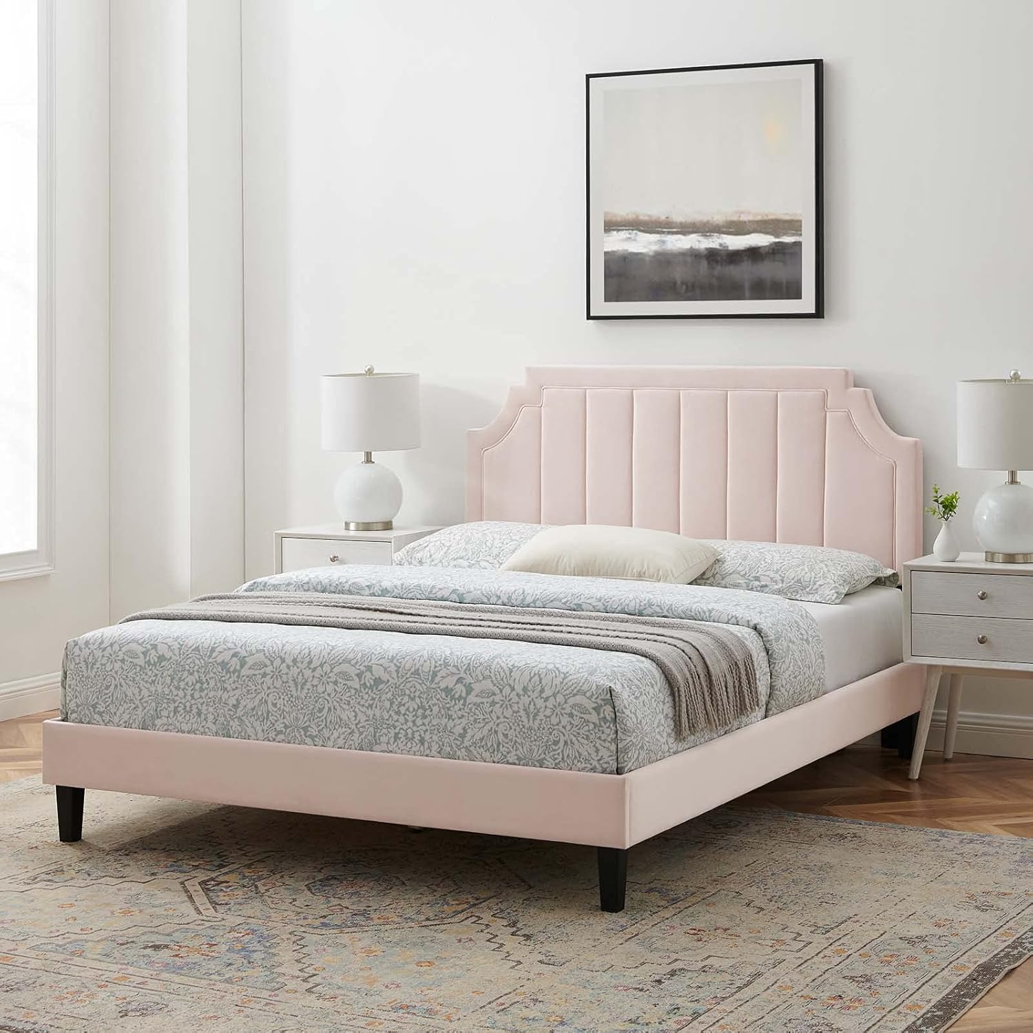 Modway Sienna Performance Velvet Queen Platform Bed in Pink