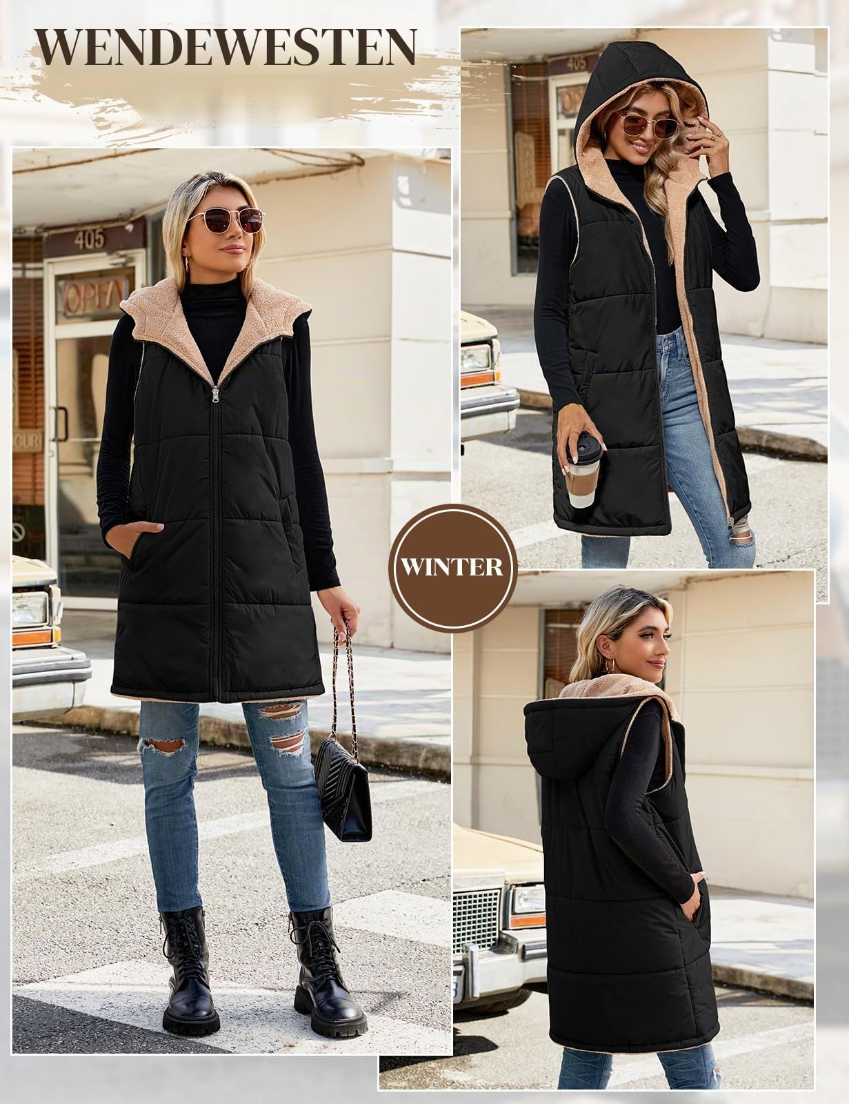 Tuopuda Damen Weste Lang mit Kapuze, Steppweste Gefüttert Fleeceweste Warme Winterjacke Freizeit Ärmellos Jacke Thermo Stehkragen Vest Kapuzenweste Reißverschlüsse Herbst Winter