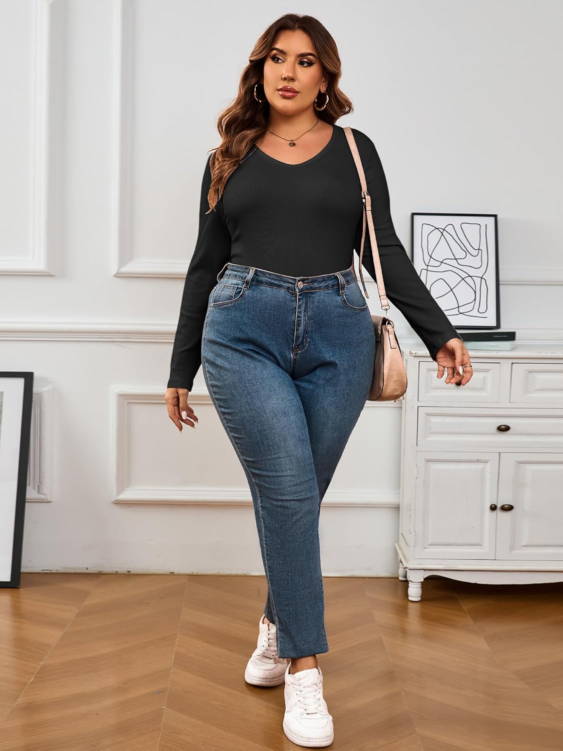 Chulianyouhuo Womens Plus Size Long Sleeve Shirts V Neck Ribbed Knit T Shirt Slim Fitted Casual Basic Tee Tops - Image 6