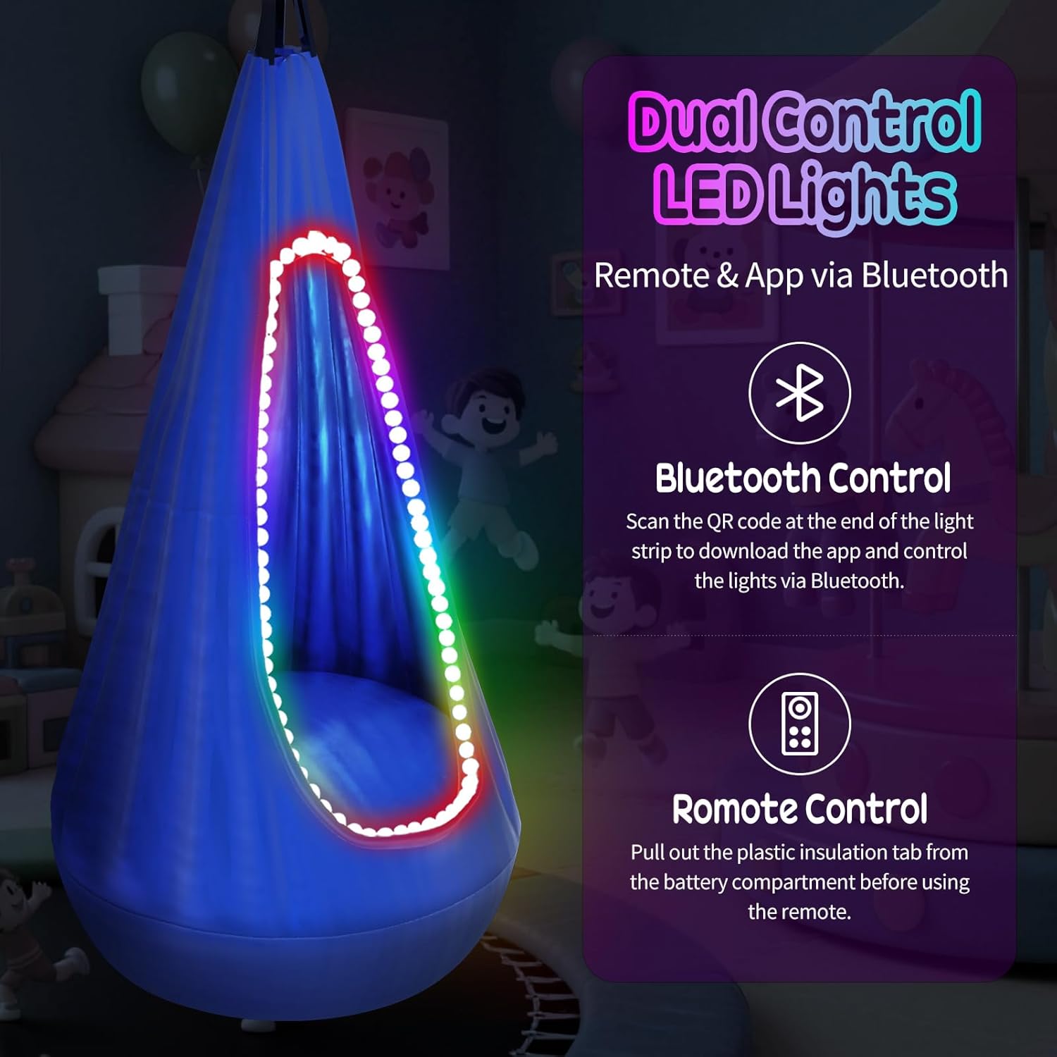 Light Up Kids Pod Swing Seat, Upgraded Sensory Pod Swing Hanging Hammock Swing Chair, Max 260Lbs Sensory Swing for Kids with USB LED Lights Indoor & Outdoor Halloween