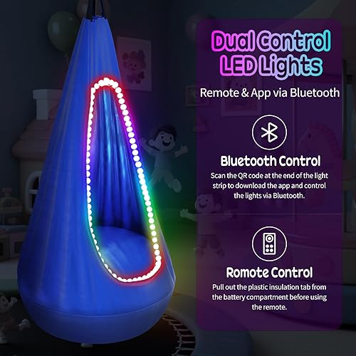 Miniatura 3 de Asiento columpio para niños, hamaca colgante con tira de luces LED y cojín inflable, silla giratoria sensorial para exteriores e interiores, máximo