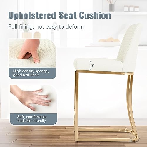 Miniatura 5 de Juego de 2 taburetes de bar de altura de mostrador de color blanco cremoso de 24 pulgadas, modernos taburetes de bar dorados con respaldo tapizado