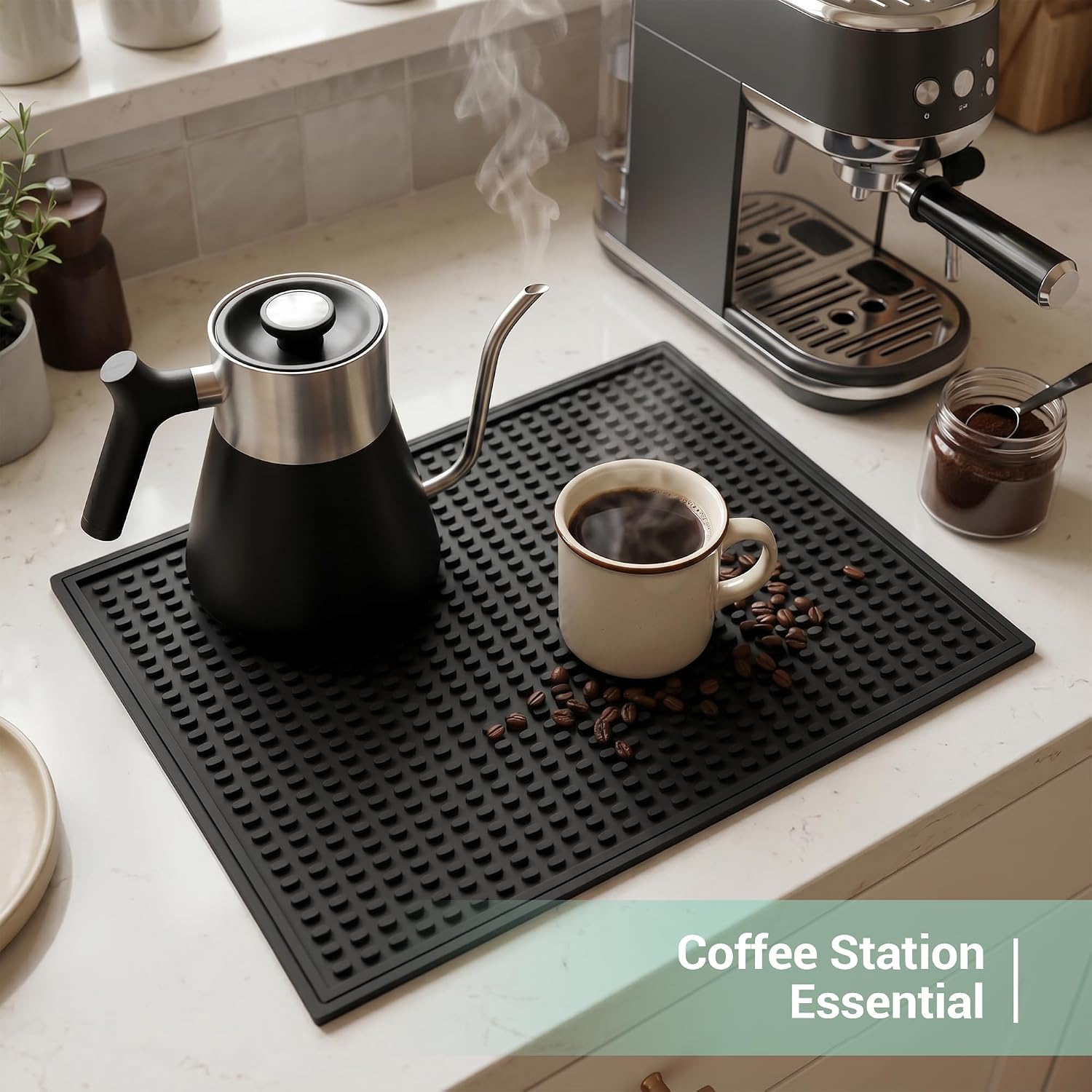 Rubber Bar Mats for Countertop, 12"x18" Black 4 Pack - Heat Resistant Coffee Bar Mat & Spill-proof Dish Drying Mat for Kitchen Counter, Home Bar, Coffee Station - Non-Slip Grip Rubber Mat, Easy Clean
