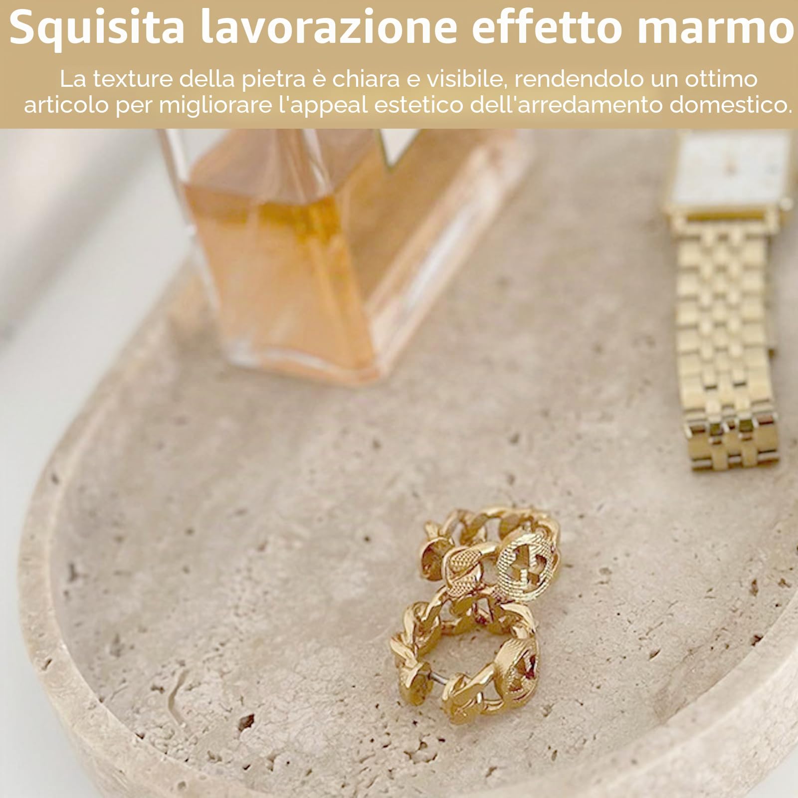 Vassoio, 25 x 12 cm Vassoio Portaoggetti Ovale da Bagno in Travertino Beige Scatola di Immagazzinaggio con Bordo Rialzato per Prodotti Cosmetici Prodotti per la Cura Della Pelle Gioielli Profumi