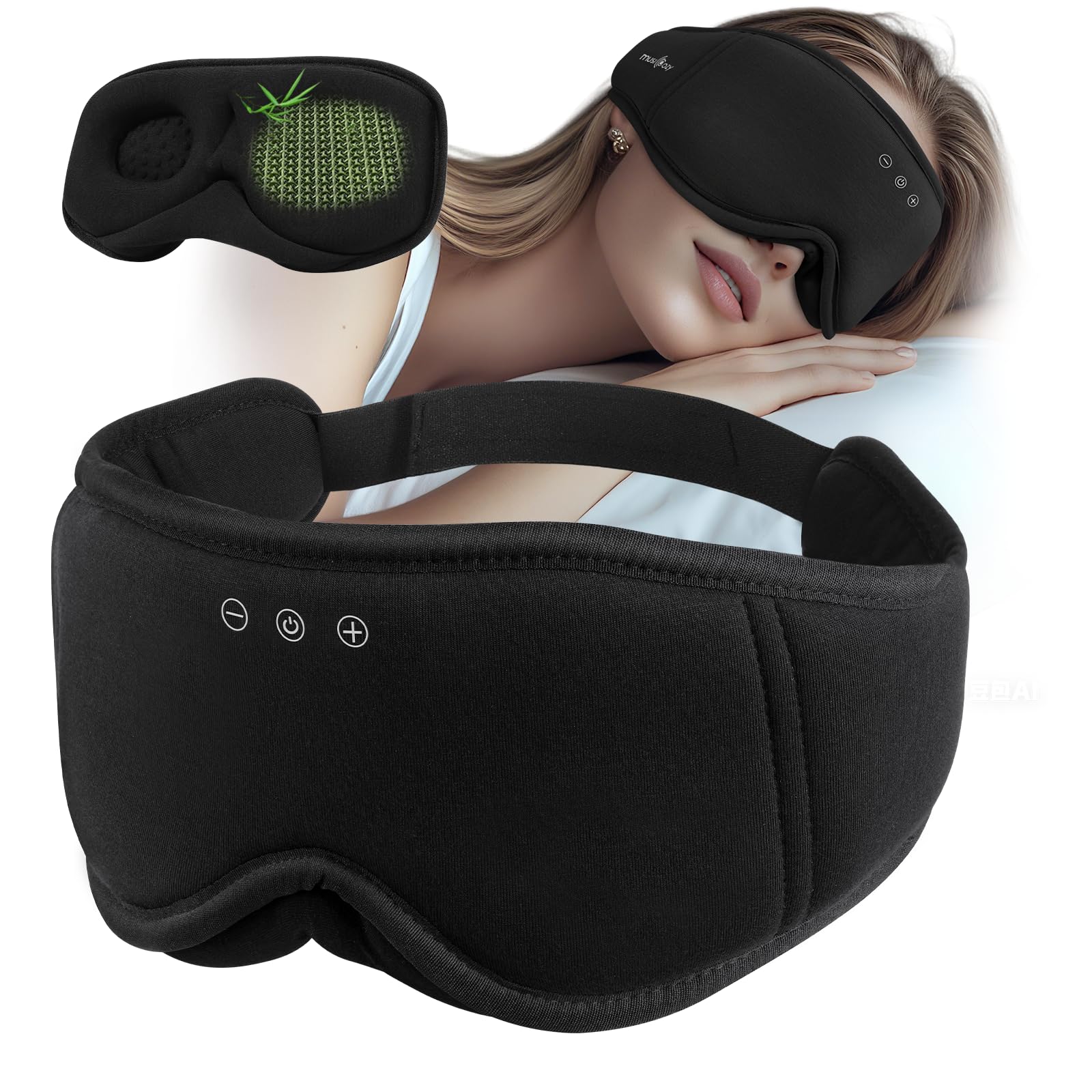 MUSICOZY Bluetooth Schlafmaske mit Kopfhörer | 3D Schlafmaske aus Bambus Baumwolle | Schlafkopfhörer Bluetooth 5.4 für Reisen, Meditation & Tiefschlaf