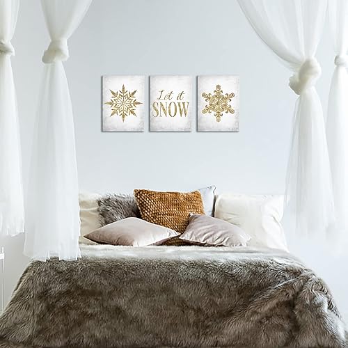 Miniatura 4 de sechars 3 piezas de lienzo de invierno para pared, arte moderno con copos de nieve dorados, impresiones artísticas de citas de vida sencilla, póster