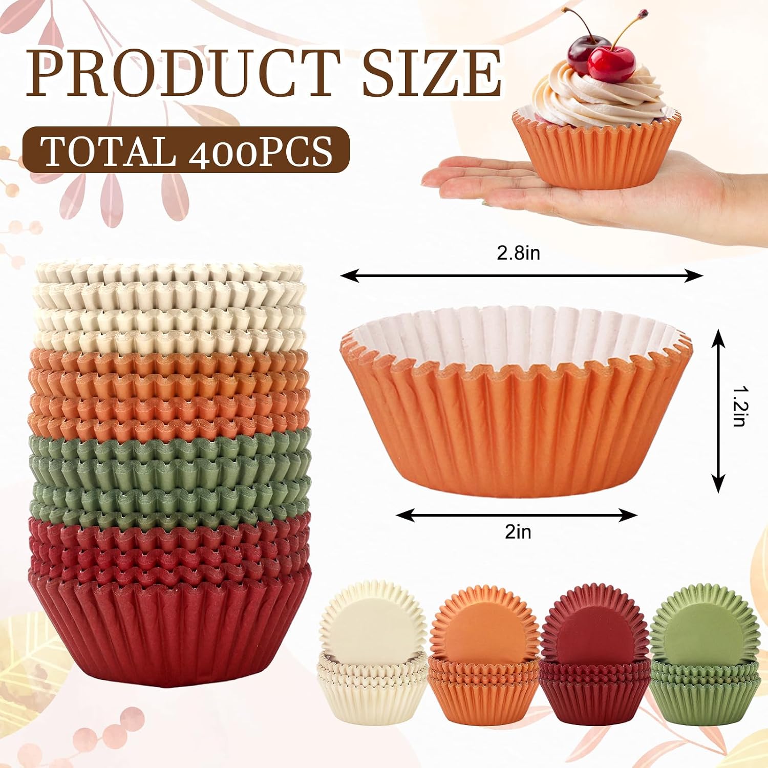 FYSUIMU 400 Pcs Fall Cupcake Liners Autumn Paper Baking Cups Orange Green Beige Red Muffin Liner Cake Storage Container for Thanksgiving Party Wedding Birthday Supplies Table Decor