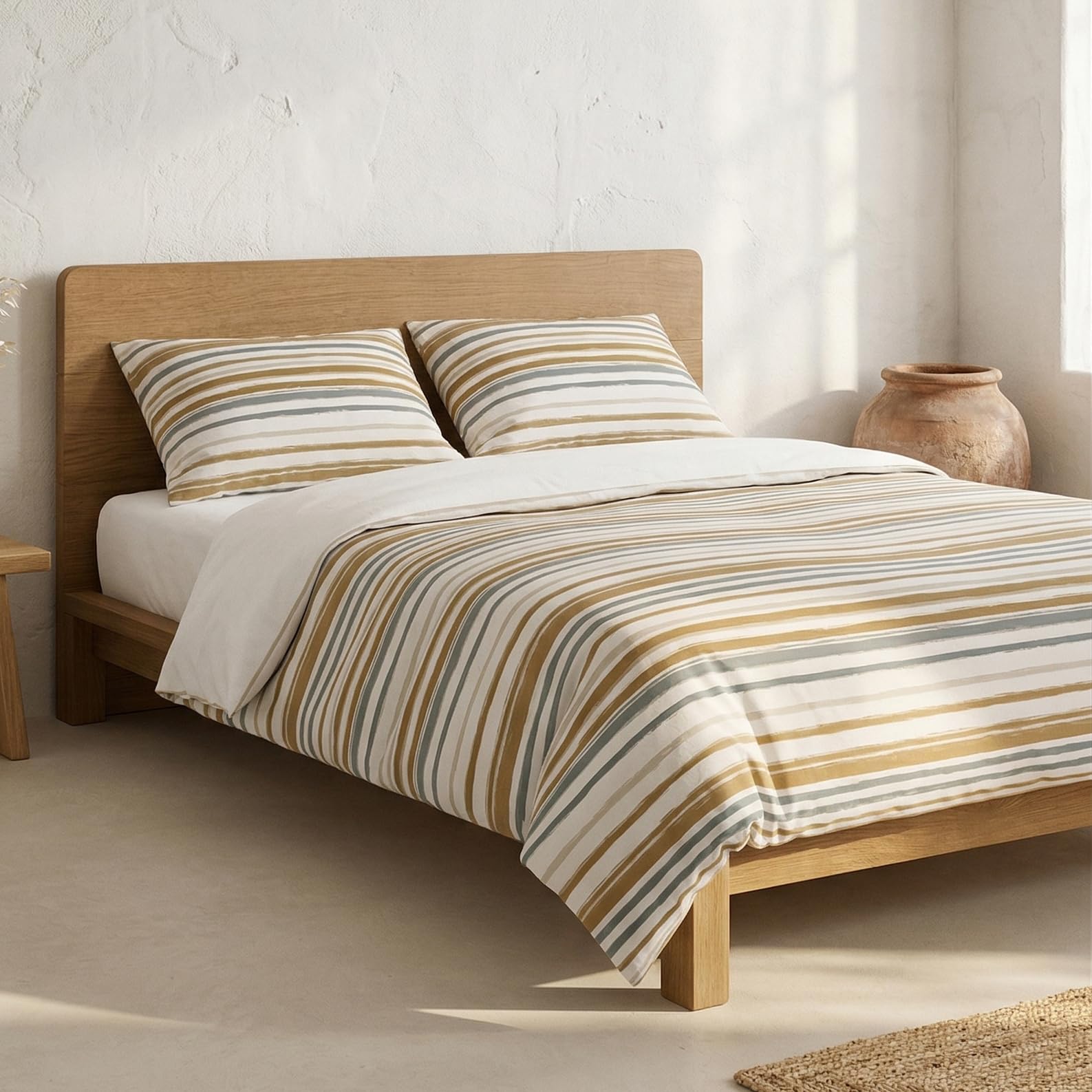 Juego Funda nórdica Cama 180/200 100% algodón, Funda edredón 260x240 cm + 2 Funda Almohada 50x90 cm, Estampado Rayas, Azul/Mostaza.