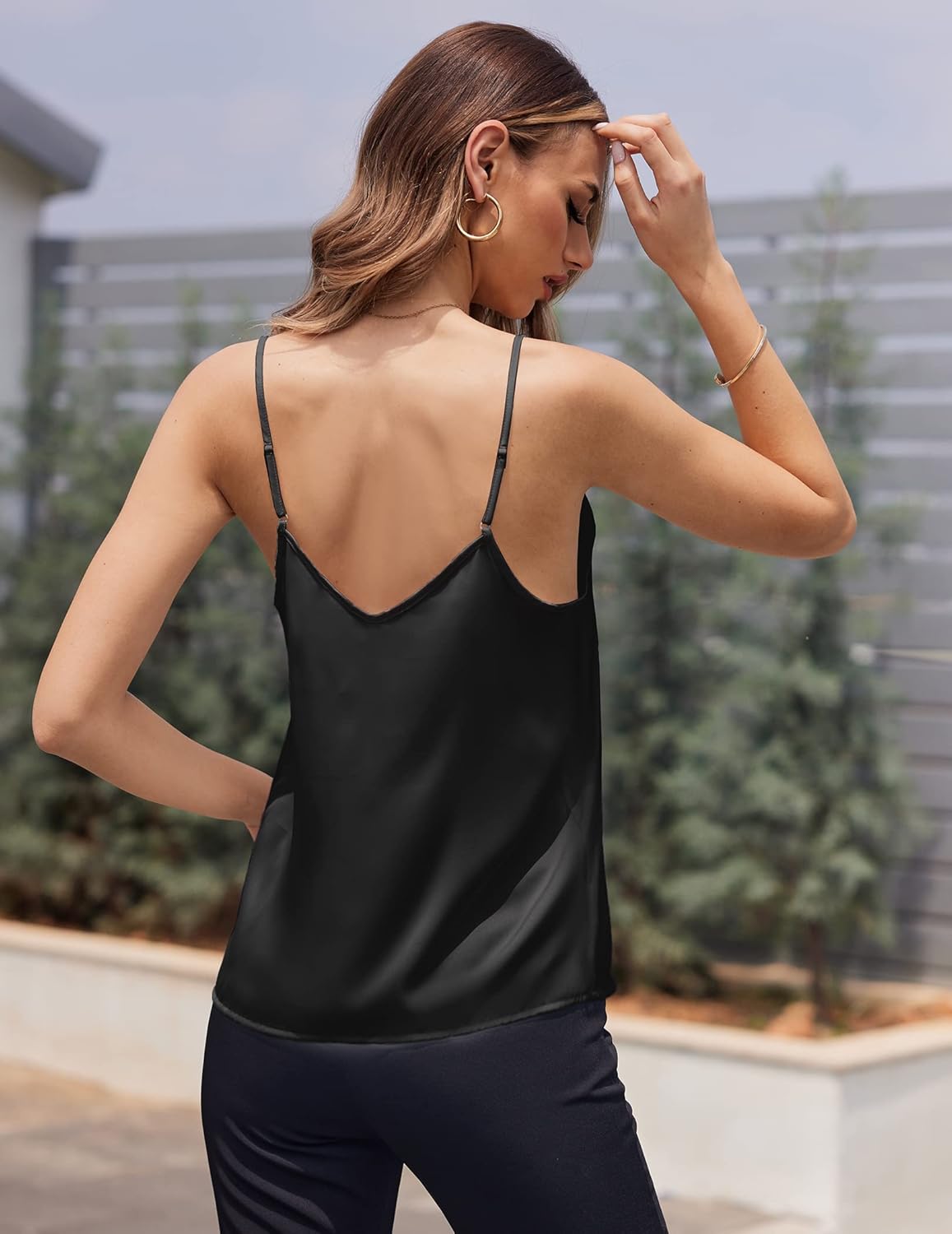 Ekouaer Women's Lace Silk Satin Pajama Tank Tops V Neck Camisole Soft Spaghetti Strap Tops Loose Sleepwear S-3XL - Image 3