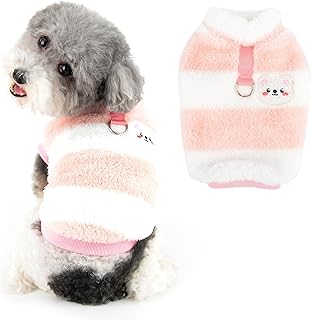 Ranphy Striped Small Dog Sweater Pet Fleece Sweatshirt with Bear Pattern Soft Warm Puppy Pullover with D-Ring Autumn Winter Clothes Yorkie Chihuahua Cats Apparel, Pink, M