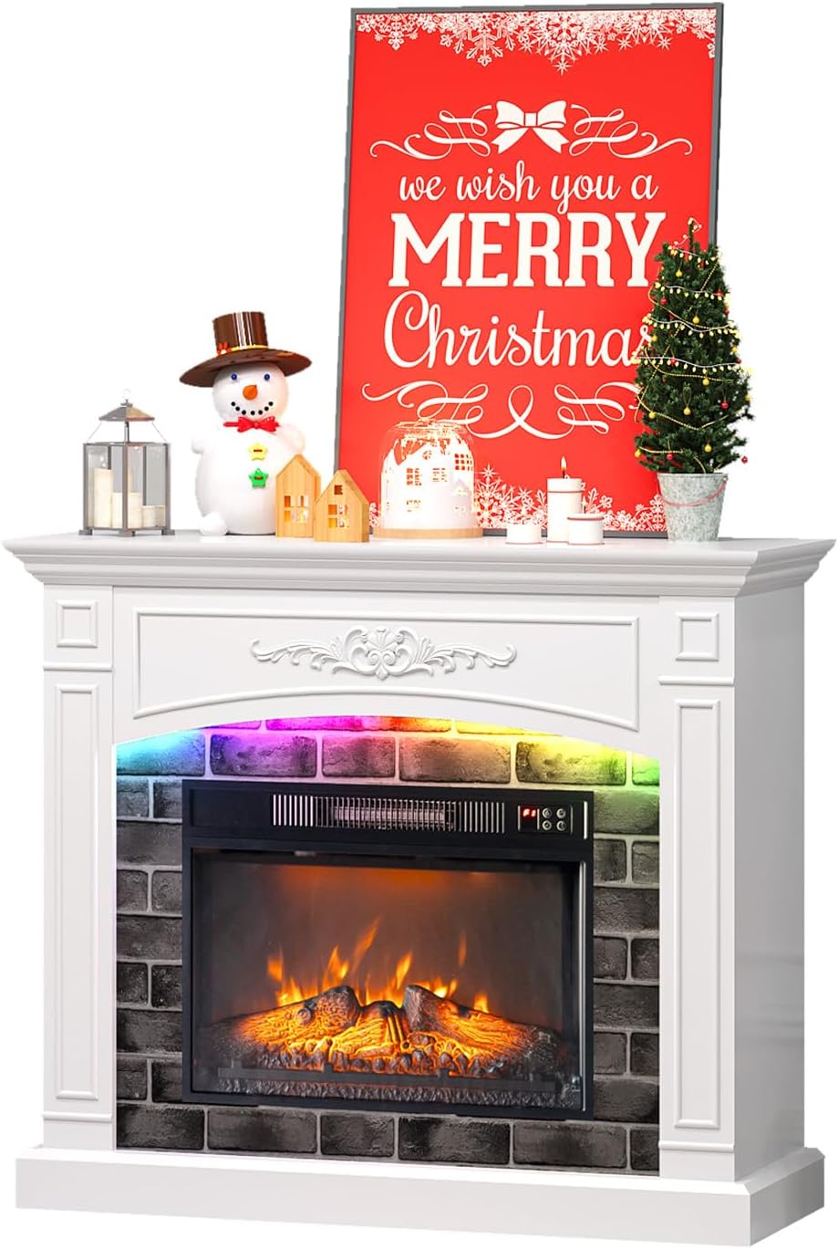 VINGLI 43'' Fireplace TV Stand for up to 55 inch TVs, Electric Fireplace with Mantel, Modern Entertainment Center with Adjustable LED Lights Strips, White Fireplace for Living Room ＆ Bedroom, White