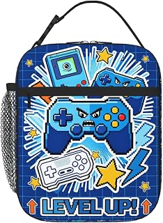 Lunch Bag Kids, Retro Pixel Game Controller Insulated Lunch Box, Gaming Style Reusable Thermal Cooler Tote for Boys