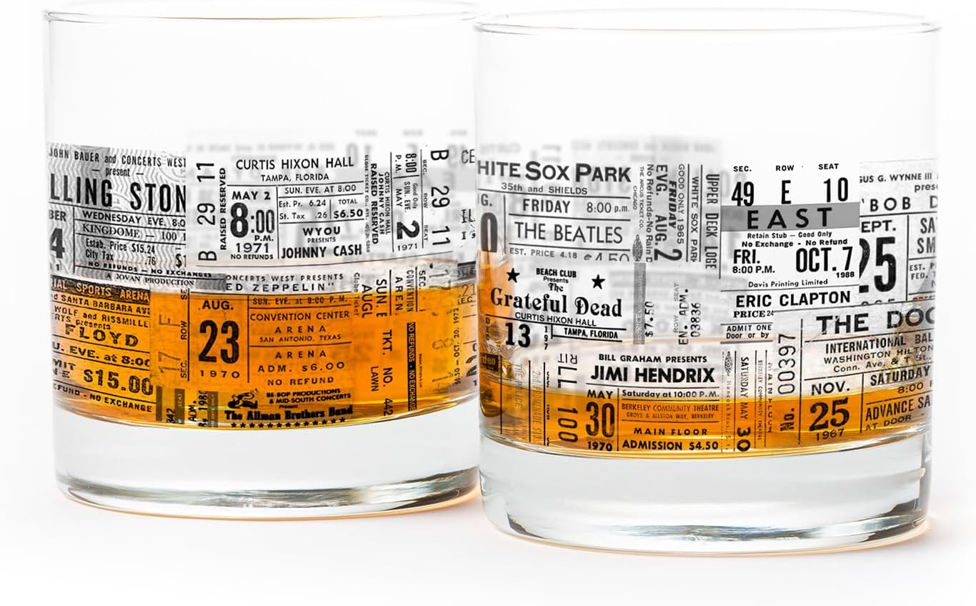 Concert Ticket Whiskey Glasses by Black Lantern - Set of 2 Tumblers with Gift Box - 11oz. Drinking Glasses