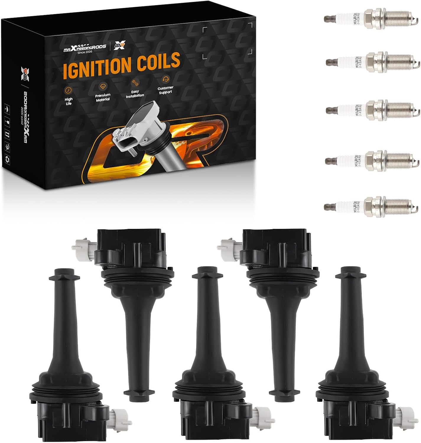 maXpeedingrods UF517 Ignition Coil Pack and Iridium Spark Plugs for Volvo S40 C30 C70 S40 S60 V50 V70 XC70, 2.4L 2.5L L5 Engine Coils Kit AP5325