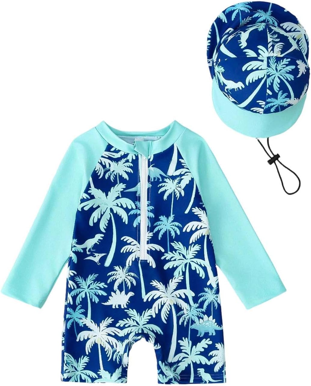 Toddler Baby Boy Swimsuit with Sun Hat Long Sleeve Zip Up Swimwear Printed Swimming Suit Beach One Piece Bathing Suit