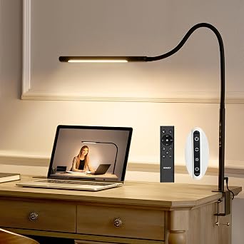 Desk Lamp with Clamp, LED Office Desk Lamp with Remote Control, Touch Dimming and Color Matching, 45.3 Inch Long Lamp Arm Saves Desktop Space, Suitable for Office Desktop Lighting [Energy Class E]