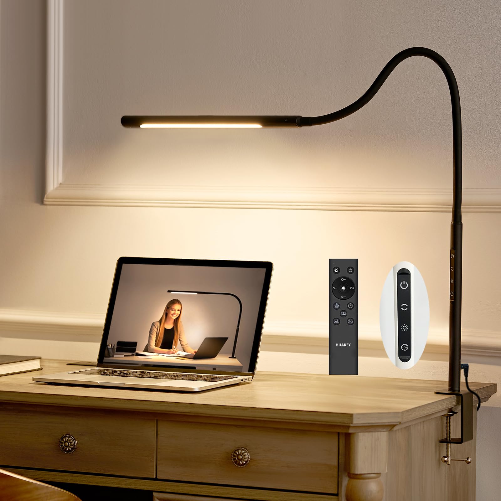 HUAKEY Desk Lamp with Clamp, LED Office Desk Lamp with Remote Control, Touch Dimming and Color Matching, 45.3 Inch Long Lamp Arm Saves Desktop Space, Suitable for Office Desktop Lighting