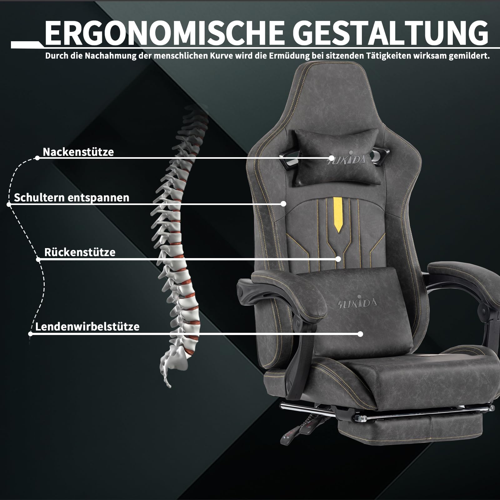 SUKIDA Gaming Stuhl Computerstuhl Ergonomischer Gaming Chair mit Fußstütze Bürostuhl Ergonomischer Computerstuhl mit Lendenwirbelstütze Grey