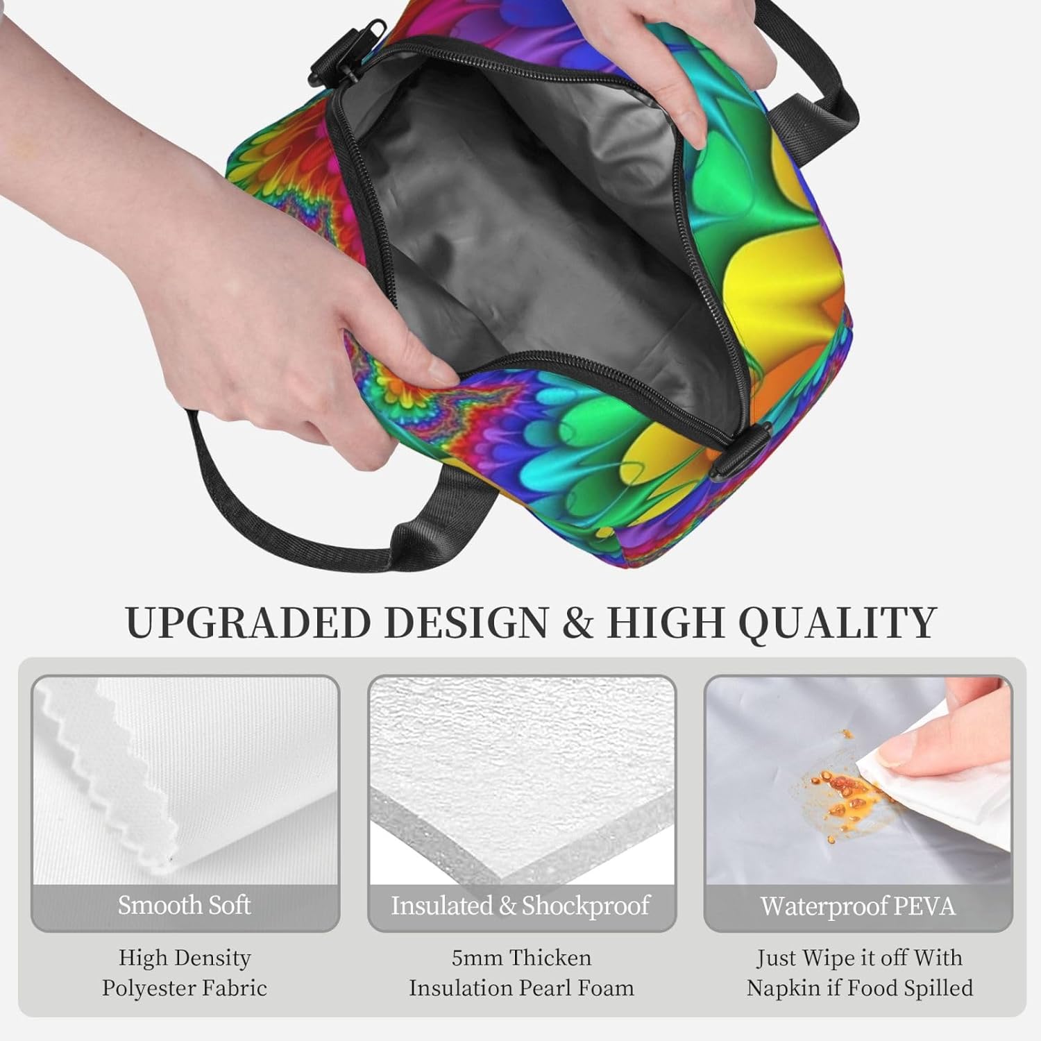 Bright Color Print Reusable Lunch Bag Insulated Lunch Boxes for Office Work Picnic Tote Bag Adjustable