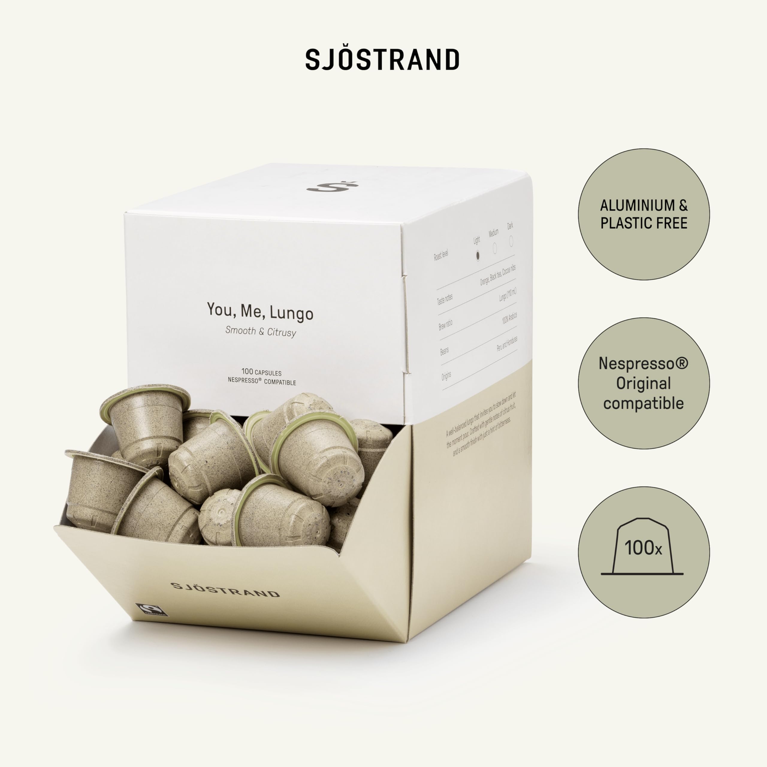 Sjöstrand Coffee Concept Tú, Yo, Lungo - Cápsulas de café orgánico, compatibles con Nespresso, 100 cápsulas, compostables, Comercio Justo.