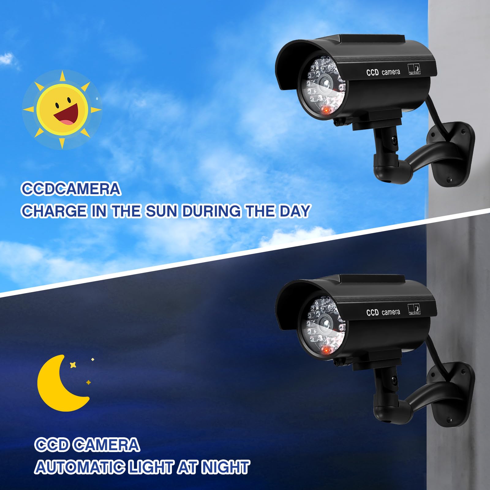 Kanayu Lot de 6 fausses caméras de sécurité factices à énergie solaire avec lumières clignotantes rouges réalistes pour intérieur ou extérieur