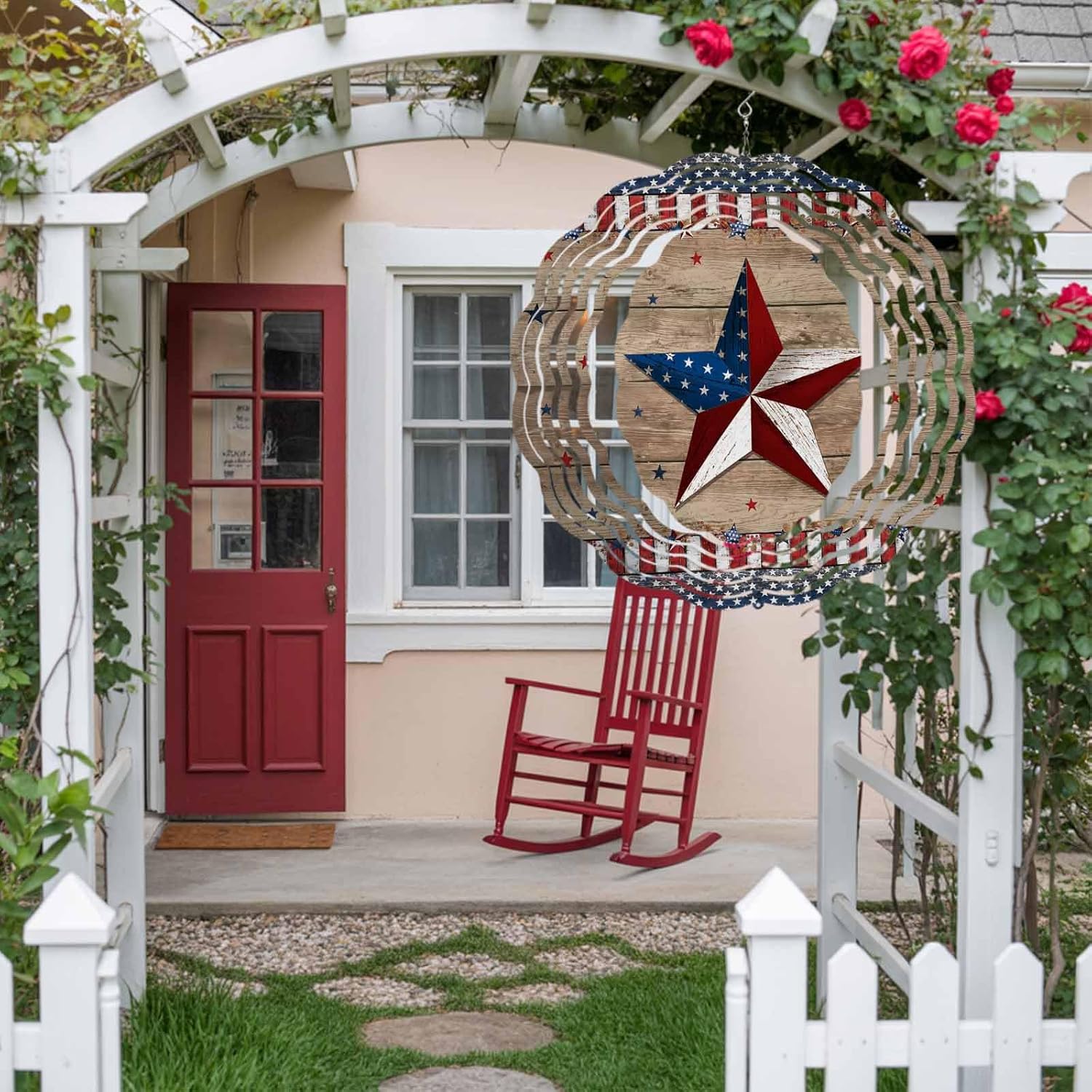 American Star Stripe USA Flag Wind Spinner for Garden Yard 3D Stainless Steel Hanging Wind Spinners, Independence Day Wood Board Spinners Outdoor Metal Decor for Lawn Patio Home