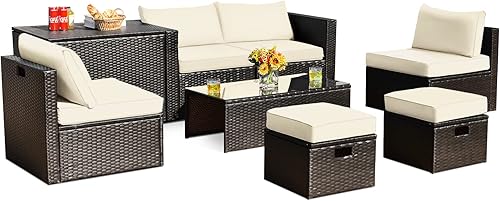 Tangkula Patiojoy - Juego de muebles de patio de 8 piezas, juego de sofá modular de ratán de polietileno para ahorro de espacio al aire libre para 6
