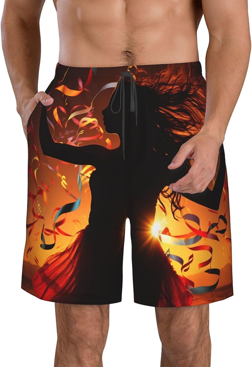 Men's Swim Trunks Quick Dry Bathing Suits Dance Music Beach Board Shorts Swimwear with Pockets White