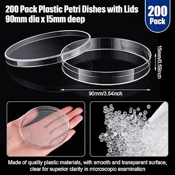 200 Pack 90mm Petri Dishes Sterile Agar Plastic with Lids Bulk | Clear Thick Walls Cell Culture Lab Use School Science Projects Jelly Science Party Supply