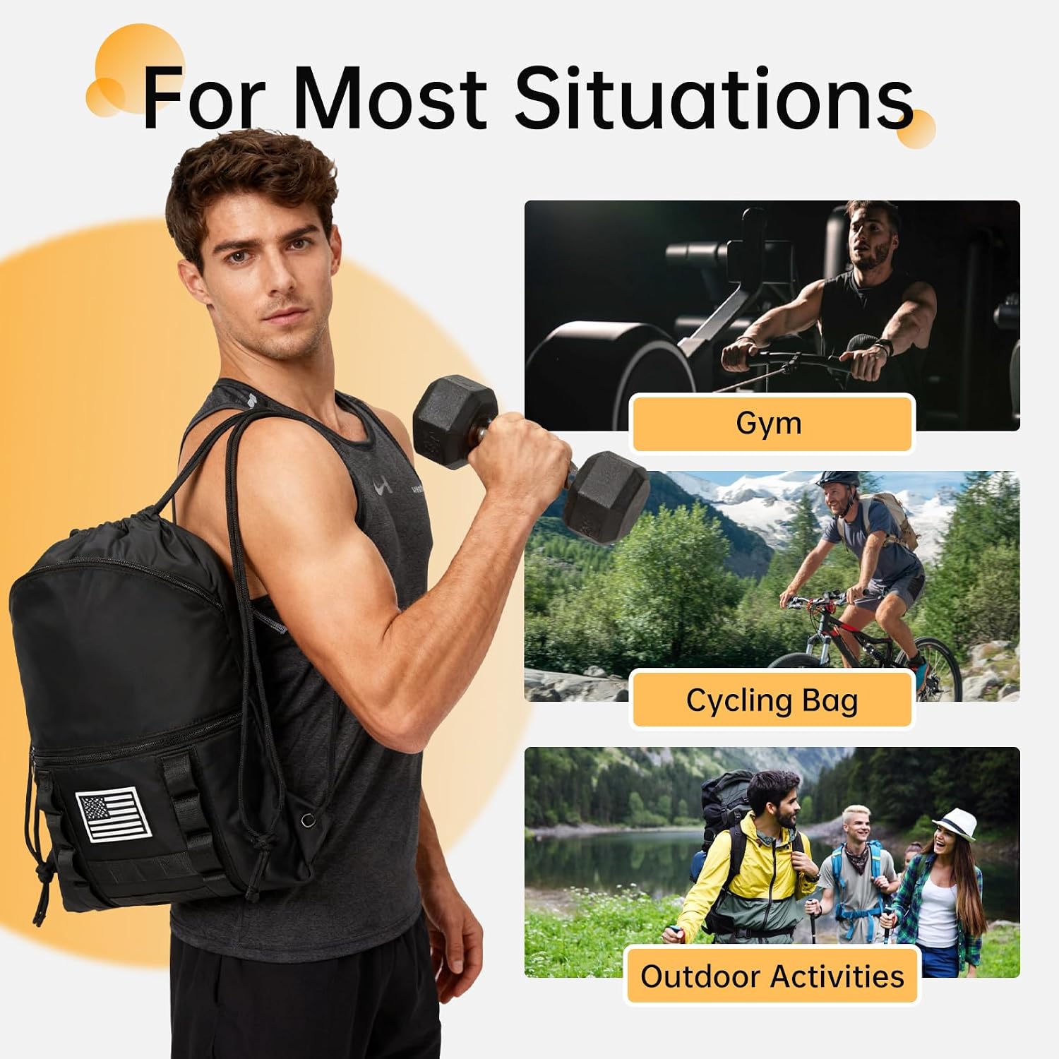 seyfocnia Drawstring Backpack Tactical String Bag with Zipper Pockets Waterproof Cinch Bag Sport Gym Sackpack