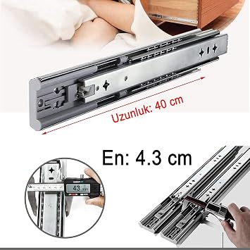 (1 Çift) Frenli Teleskopik Çekmece Rayı Bilyalı Dolap Çekmecesi Ray Metal En 4.3 cm Uzunluk 40 cm