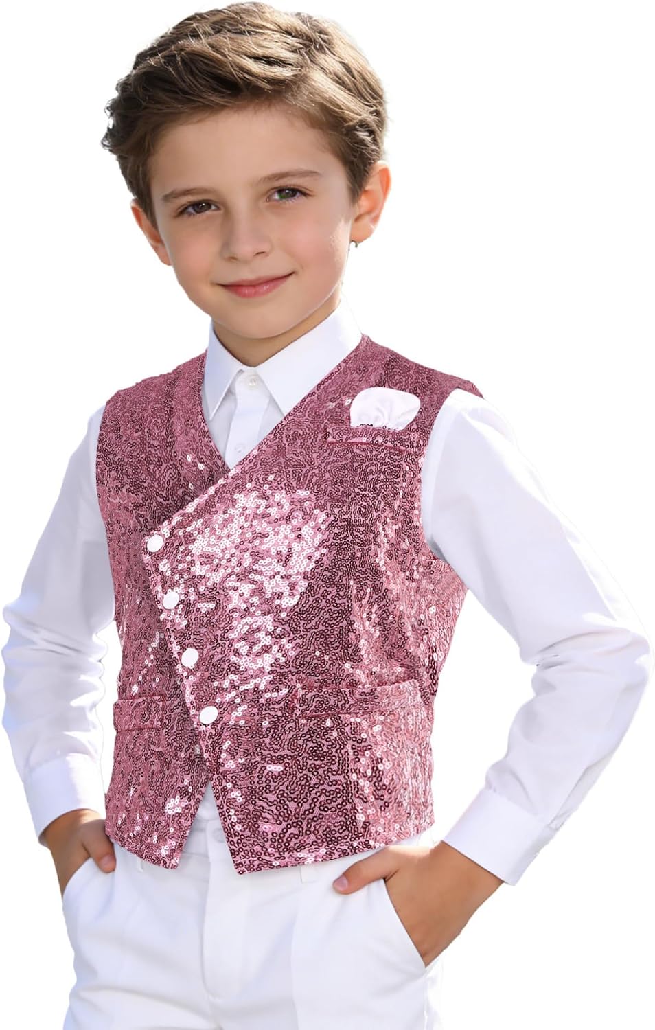 Kids Sequin Vest for Boys V Neck Irregular Button Formal Suit Waistcoat with Adjustable Back Strap
