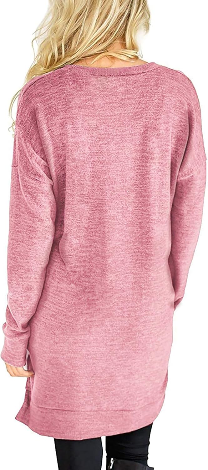 LERUCCI Tunic Sweatshirts for Women V-Neck Casual Long Sleeve Loose Pockets Tunic Tops Blouse T-Shirt Pink S - Image 2