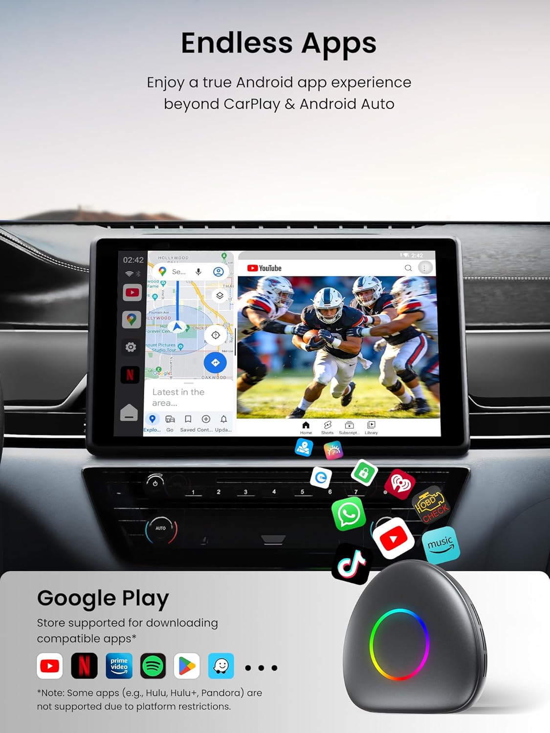 Magic Box - Wireless Carplay/Android Auto/Android AI Box 8GB+128GB, Car Video Box for YouTube, Spotify, Prime Video with Built-in 4G/ WiFi/Dual Bluetooth, OTA, GPS, microSD, OBD II, CB6D