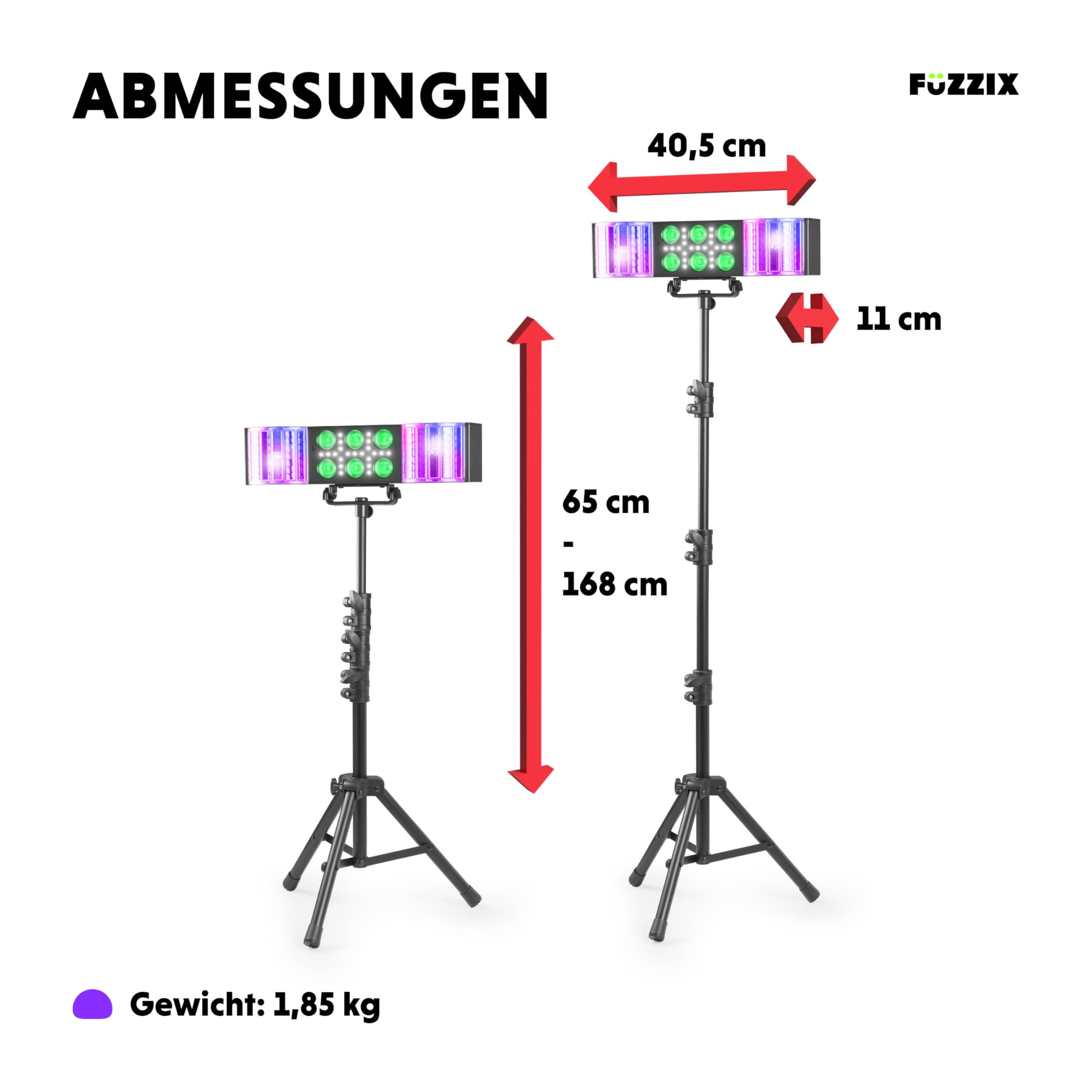 Fuzzix DerbyStar2 Partybar – Discolicht Partylicht mit Doppel Derby, inkl. 170cm Stativ & Fernbedienung, RGB-UV Disco PAR Bühnenbeleuchtung & Stroboskop Blitzer, DJ Beleuchtung, Schwarz