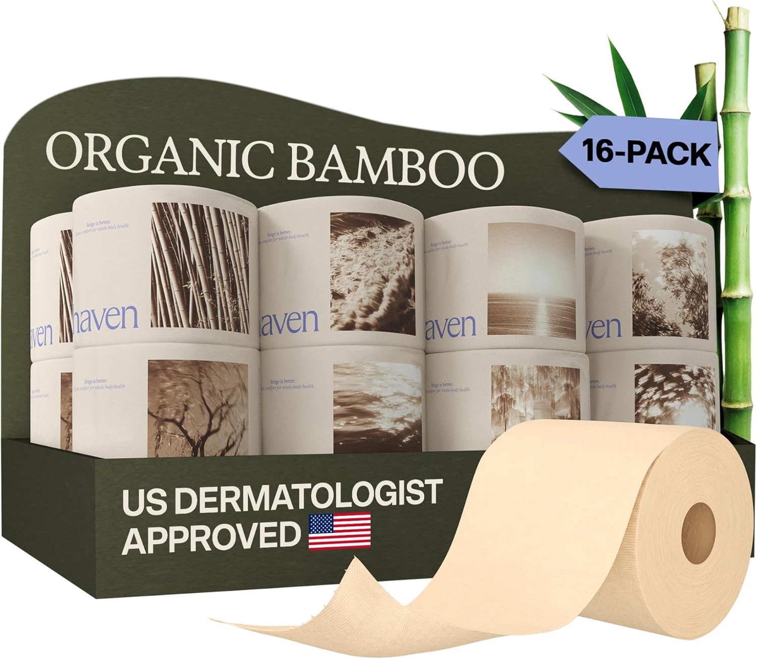 Haven Bamboo Toilet Paper (Pack of 16) Bulk Rolls - 100% Organic Tissue - 3-Ply Septic Safe, Unbleached, Non-Toxic, BPA-Free Plant Paper - Dermatologist Approved, Hypoallergenic - Silky Soft Lint-Free